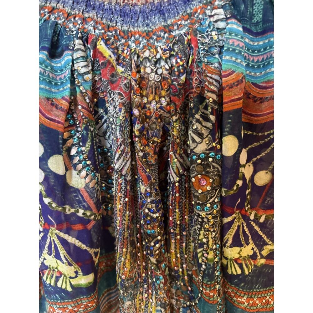 CAMILLA off shoulder or Silk Blouse crystals blue red open sleeve Shirred Cuff L - Picture 2 of 13